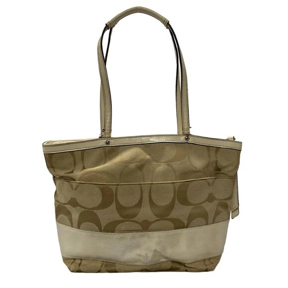 Auth COACH Signature Striped Tote F19046 Beige Cream Jacquard Patent Leather - Picture 3 of 16